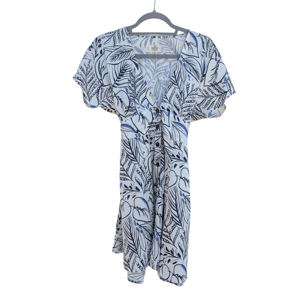 Marine Layer Dress‎ White Blue Black Botanical Button Front Deep V Neck, Sz S